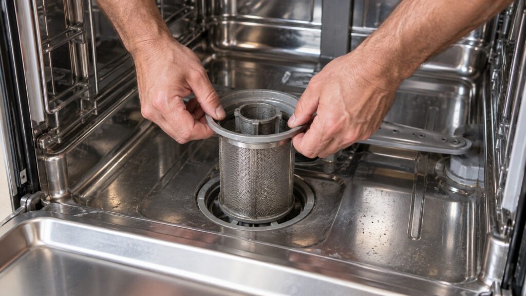 Hands lifting the cylindrical mesh filter assembly out of the floor of an open stainless steel dishwasher tub