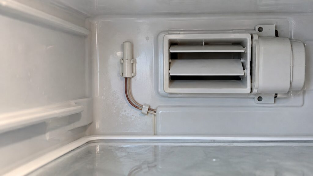 A small two-wire temperature sensor clipped to the rear interior wall of a refrigerator compartment beside a motorized air damper vent
