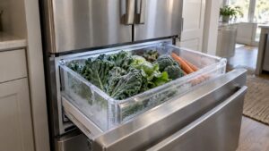 A built-in counter-depth French door refrigerator with the fresh-food drawer pulled out, showing ice crystals forming on leafy produce