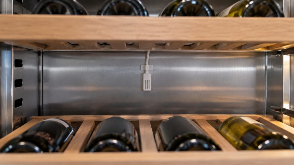 A small white temperature sensor clipped to the stainless rear wall inside a built-in undercounter wine refrigerator, seen between two wooden bottle shelves