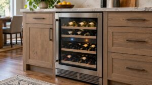 A 24-inch built-in undercounter wine cellar under a kitchen counter with its dual-zone display lit and bottles visible through the glass door