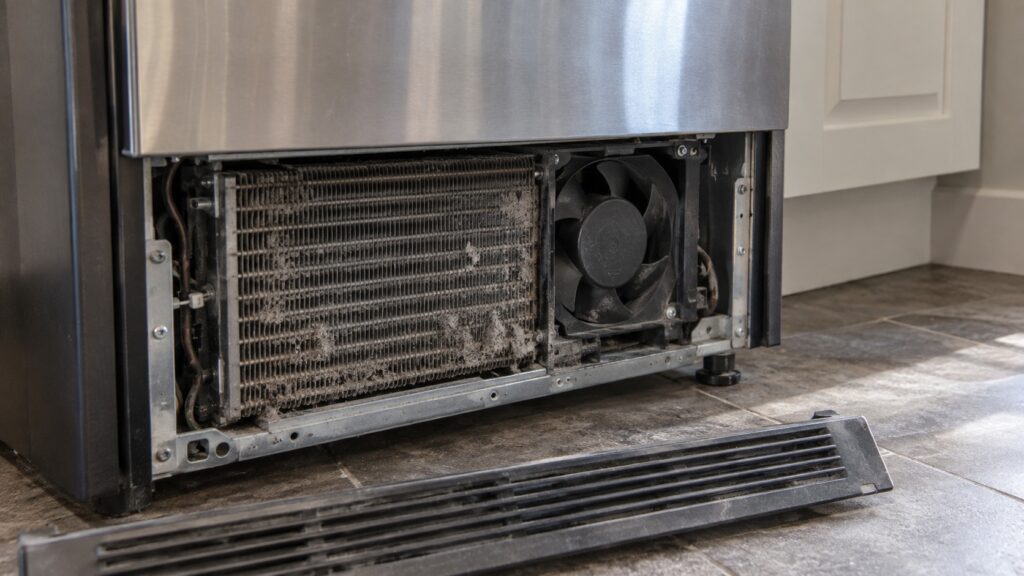 The front grille of an undercounter ice maker removed to show the dust-covered condenser fins and fan behind it