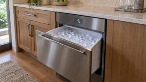 A 15-inch built-in undercounter ice maker with its drawer pulled open showing clear cubes and a lit code on the control panel