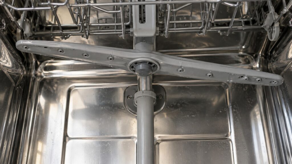 The upper spray arm and the rear feed tube inside a stainless steel dishwasher tub, photographed from below