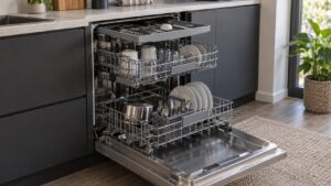 An open built-in dishwasher with all three rack levels extended, the shallow top tray, the upper rack and the lower rack visible at once