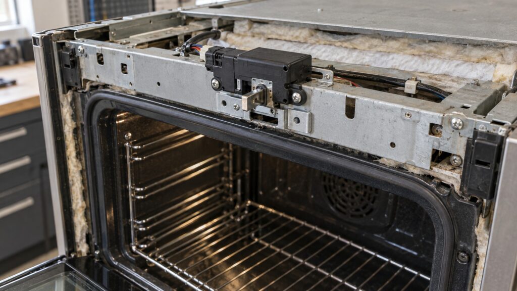 The motorized door lock assembly and its bolt on the top frame of an oven cavity with the control fascia removed