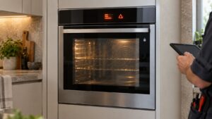 A built-in wall oven with its door closed and locked after a self-clean cycle, a fault code lit on the control display above the door