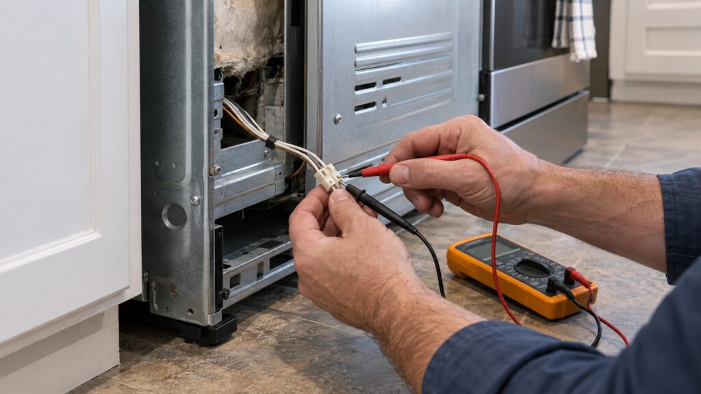 A technician's hands holding a multimeter probe against the connector pins of an oven temperature sensor harness pulled out from behind a range