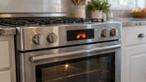 A stainless steel Jenn-Air range with an unreadable fault code glowing on its oven control display, kitchen counter in soft focus behind it
