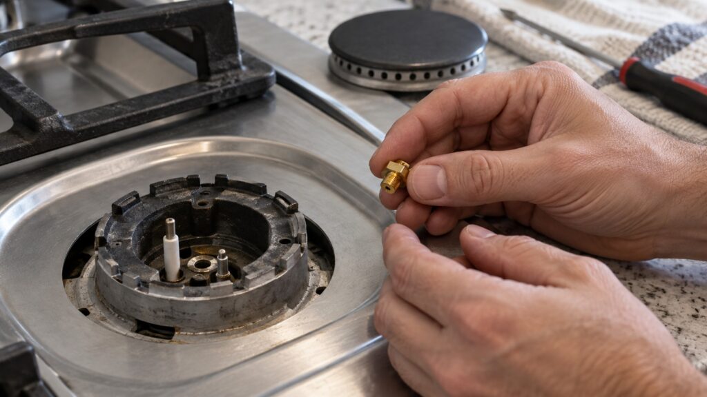 A technician's hands holding a small brass burner orifice fitting beside an open range burner base during a fuel conversion
