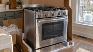 A brand-new stainless steel gas range partially uncrated in a kitchen, protective film still on the front panel, propane tank visible outside a nearby window