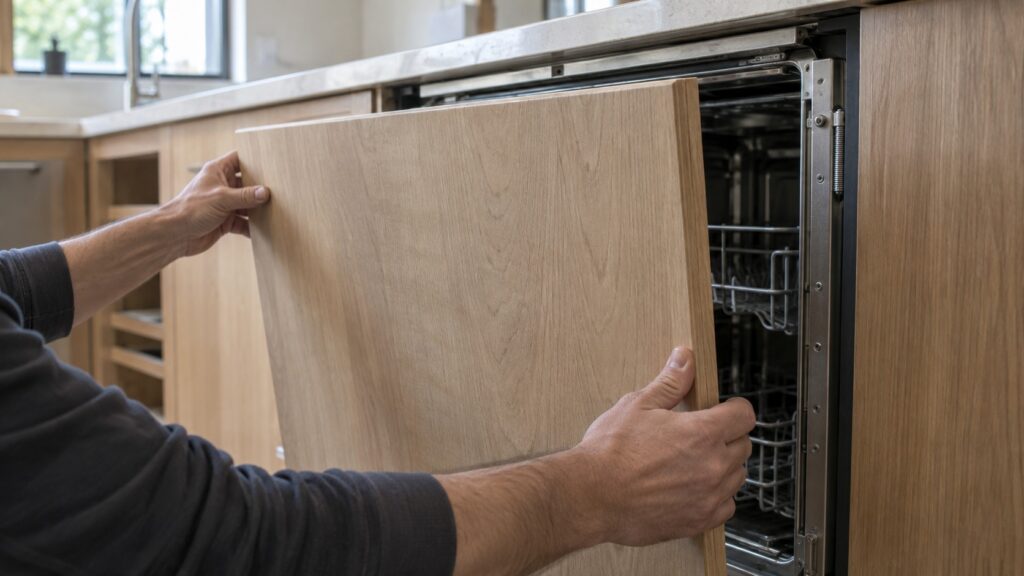 A technician's hands holding a wood cabinet panel up against the open mounting frame of a panel-ready dishwasher to check the fit