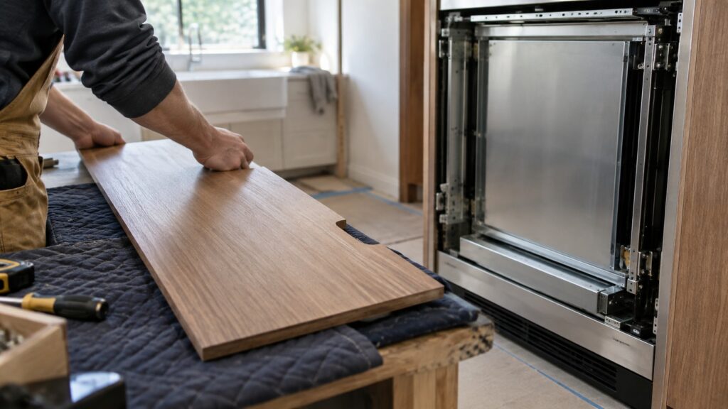 A cabinet panel with a routed notch for an integrated handle laid beside the open mounting frame of a panel-ready appliance