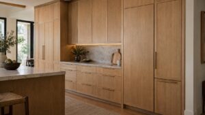 A row of kitchen cabinets where one door is actually a panel-ready refrigerator front, matched so closely to the surrounding wood that the appliance is barely visible