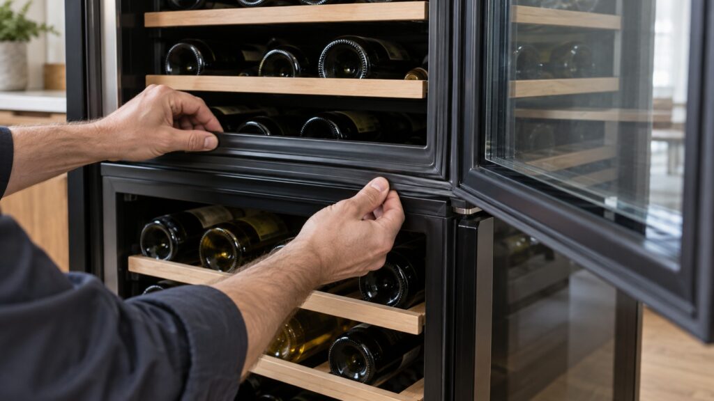 A technician's hands inspecting the insulated divider and door gasket seal between the upper and lower compartments of an open wine cellar cabinet