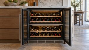 An open built-in dual-zone wine cellar under a kitchen counter showing two separate compartments stacked with wine bottles, a visible divider between the upper and lower sections
