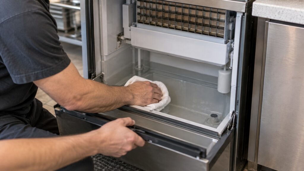 A technician's hands wiping down the interior water reservoir of an open under-counter ice maker with a cloth