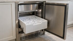 An open built-in under-counter ice maker with its storage bin pulled out, clear ice cubes visible inside a stainless steel cabinet