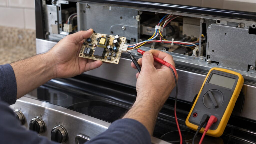 A technician's hands holding a small electronic control board next to an open range control compartment, testing a connector harness with a multimeter