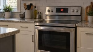 A stainless steel Jenn-Air range in a kitchen with an unreadable fault code glowing on its control display, cabinets visible in the background