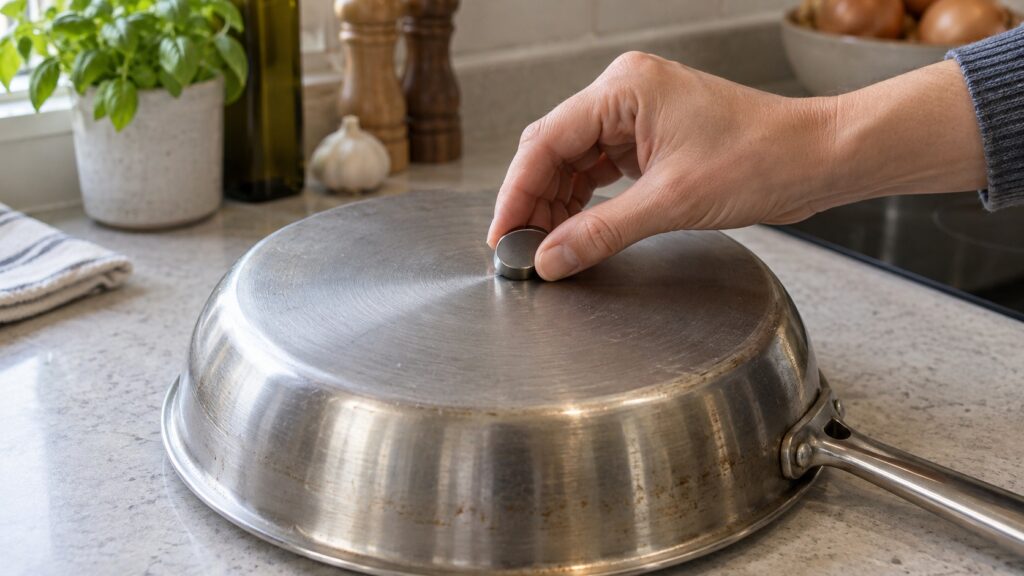 A hand holding a small magnet against the bottom of a metal pan to test whether the cookware is induction-compatible