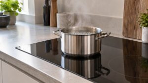 A stainless steel pot simmering on a sleek black induction cooktop set into a kitchen countertop, the surface glass clean and unmarked