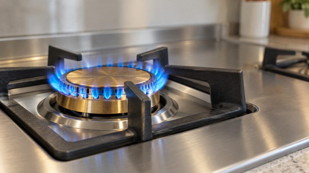 A brass gas burner on a stainless cooktop with a steady blue flame