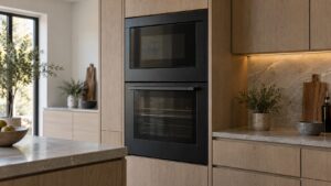 A dark matte black built-in wall oven and microwave stacked in a modern kitchen cabinet run