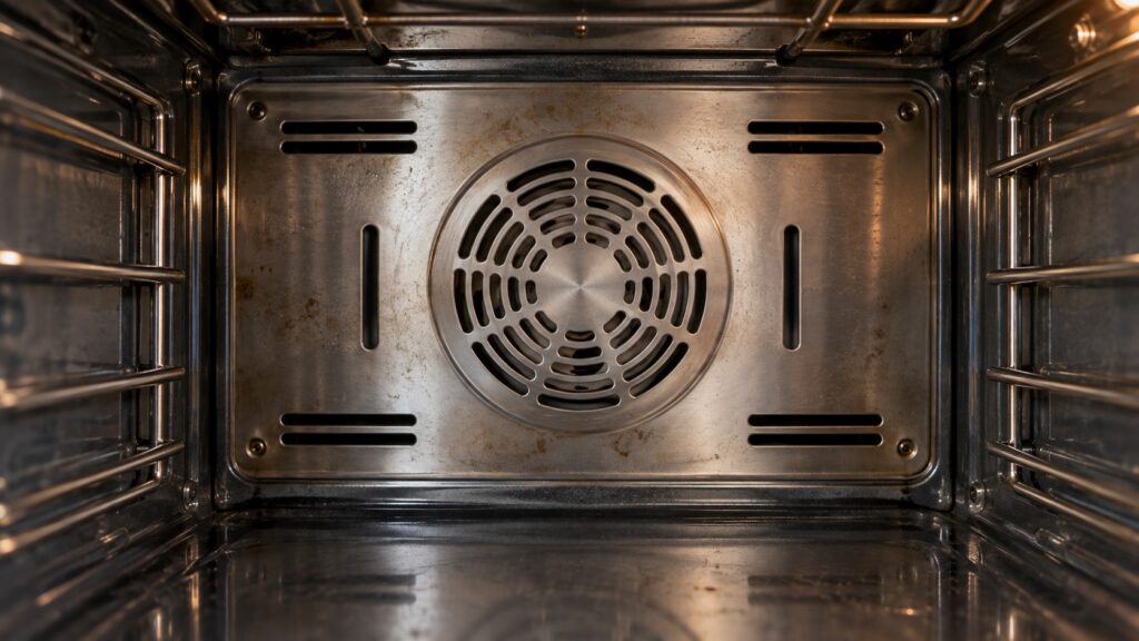 A close view of the rear wall of an oven cavity with the convection fan cover and vent slots