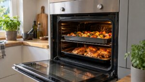 A built-in wall oven with the door open and two trays of baking on separate racks