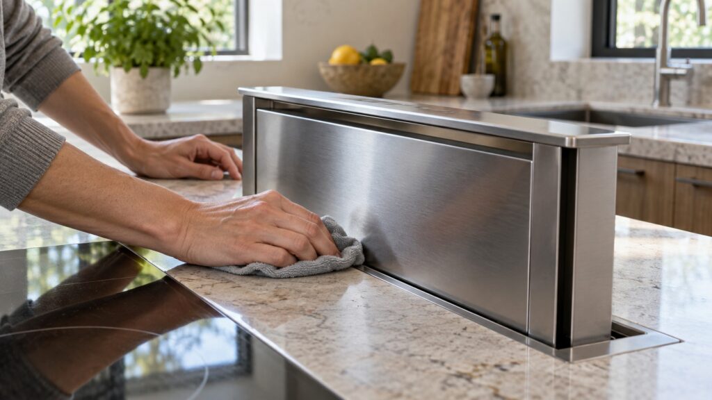 Hands wiping the stainless face of a raised downdraft vent tower on a kitchen island