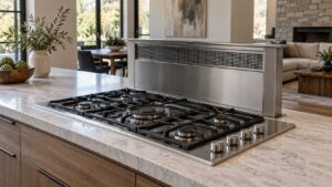 A raised downdraft vent tower standing behind a gas cooktop in a kitchen island
