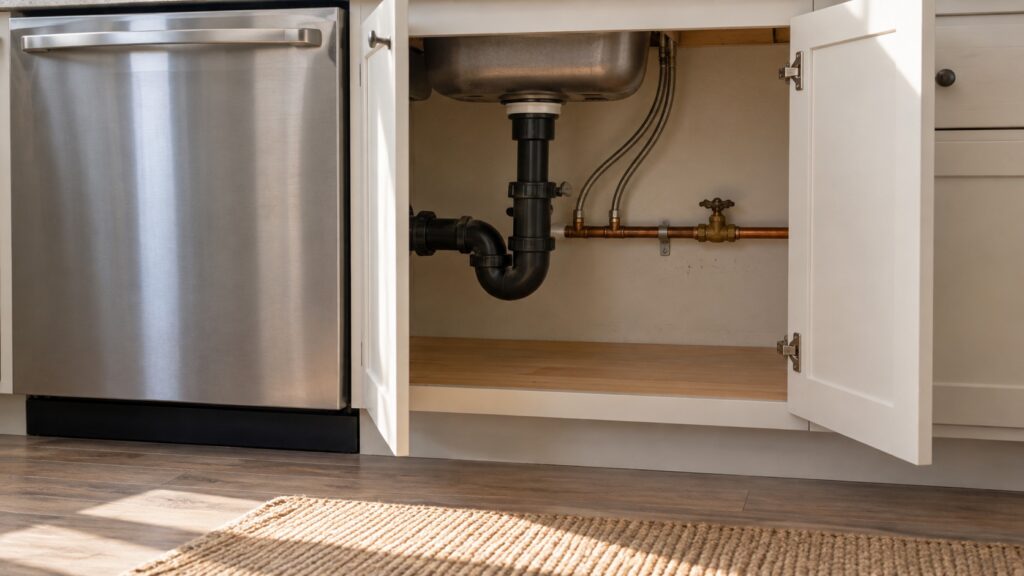 Plumbing under a kitchen sink with a copper supply line and a shutoff valve beside the trap