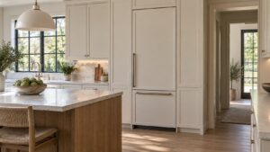 A tall panel-ready built-in refrigerator flush with kitchen cabinetry in a bright room