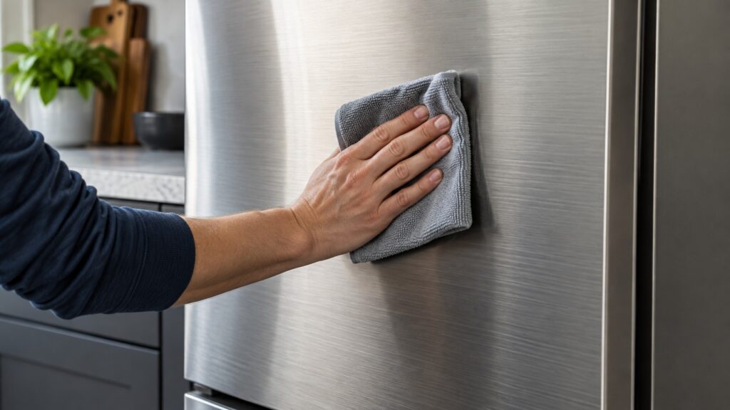 A microfiber cloth wiping a brushed stainless appliance door along the direction of the grain