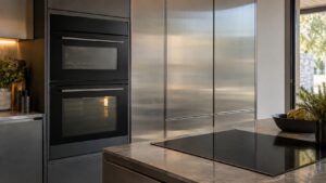 A run of matte black built-in kitchen appliances beside brushed stainless cabinet fronts