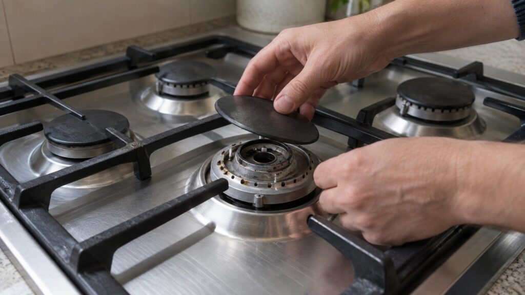 A burner cap lifted off a gas cooktop showing the ring of flame ports beneath it