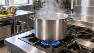 A large stockpot boiling on a high output gas burner on a stainless cooktop