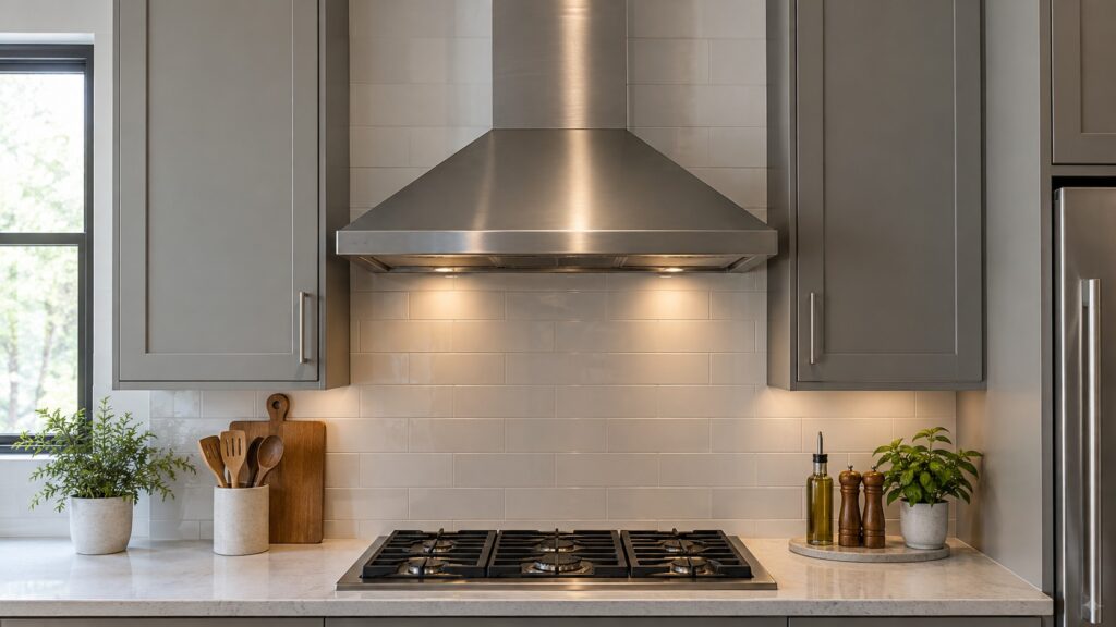 A stainless chimney hood mounted on a wall above a cooktop between tall cabinets