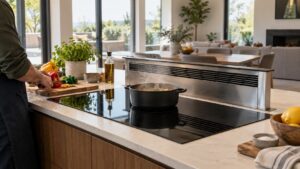 A kitchen island cooktop with a raised downdraft vent and no hood above it