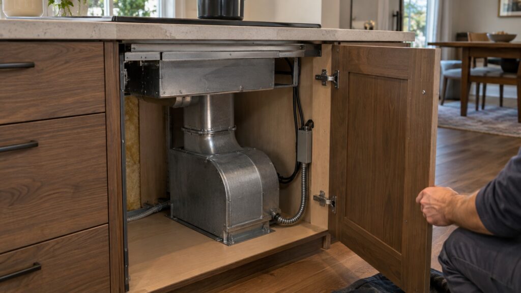 An open cabinet beneath a kitchen island showing a ventilation blower housing and ducting