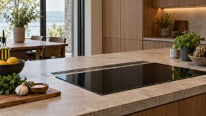 A downdraft vent lowered flush behind a cooktop in a quiet kitchen island