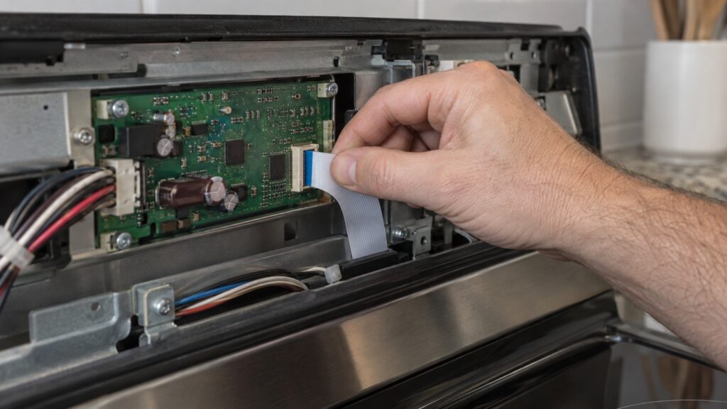 A technician hand reseating a flat ribbon cable at a range control board connector