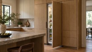 A built-in column refrigerator with a panel-ready door slightly open in a custom kitchen