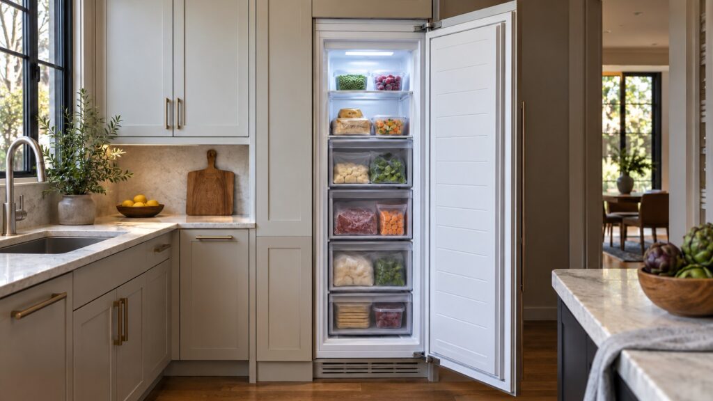 A built-in column freezer with its door open showing interior shelves and lighting