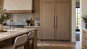 A pair of tall panel-ready built-in column units in a kitchen niche, one refrigerator and one freezer
