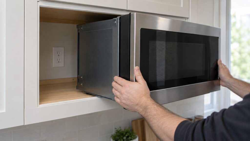 The empty cabinet opening for a built-in microwave with an outlet at the back and the microwave being slid in