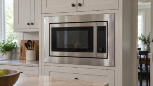 A built-in microwave with a trim kit surround set in a wall cabinet