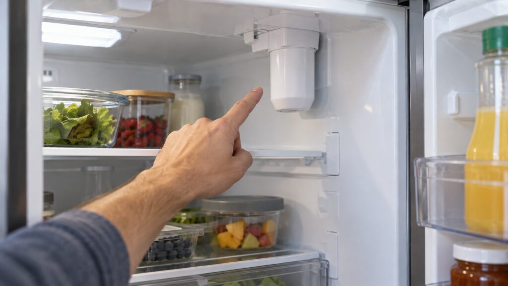 A hand pointing to the water filter cartridge area at the top of a refrigerator compartment