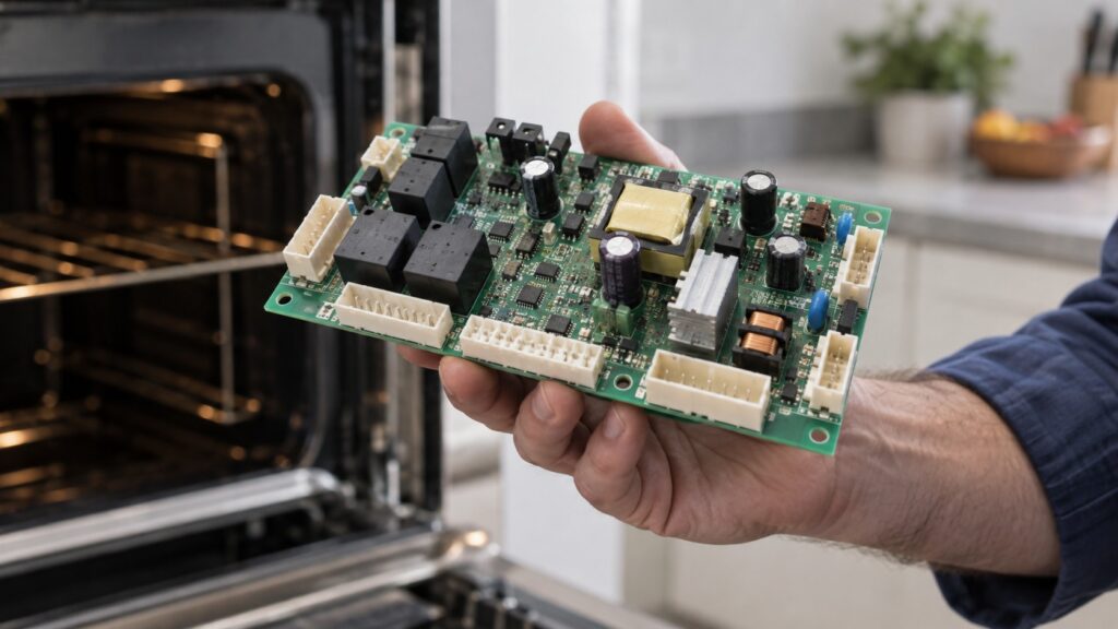 An oven electronic control board held in a hand with its connectors visible